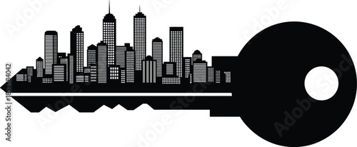 City skyline silhouette integrated into house key shape, urban real estate and property access concept illustration isolated on white background