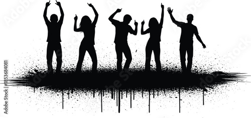Dancing people silhouette group celebrating music festival party energy concept with grunge splatter effect isolated on white background