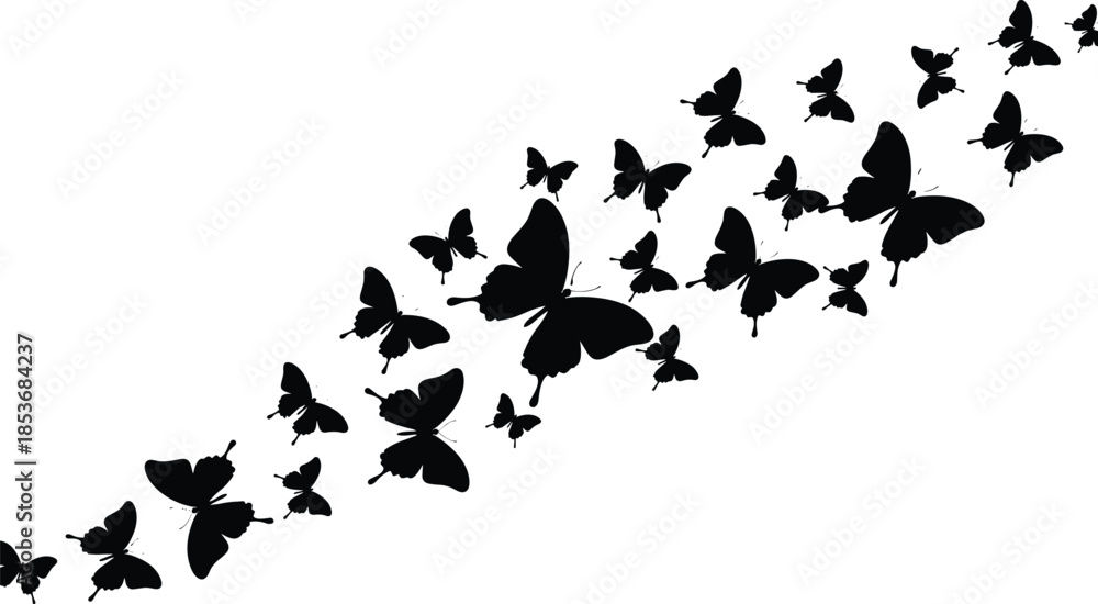Fototapeta premium Flying butterfly silhouettes forming elegant diagonal motion in minimalist black vector illustration isolated on white background for decorative design