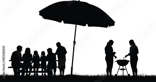 Family Outdoor Picnic and Barbecue Gathering Under Umbrella, Black Silhouette Illustration Showing Leisure, Togetherness, Summer Recreation, and Social Lifestyle