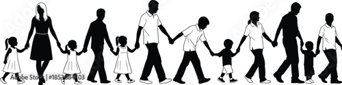 Family silhouette group holding hands showing parents and children walking together, unity, togetherness, love, care, and social community concept