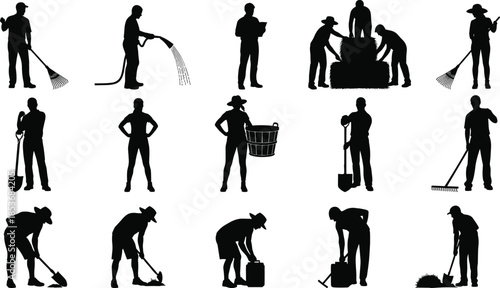 Farm worker and gardener silhouette collection showing people using tools, watering plants, harvesting crops, and performing agricultural labor tasks