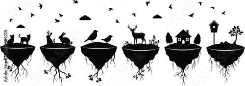 Floating island silhouettes with animals, birds, trees and houses, fantasy nature ecosystem illustration concept isolated on white background