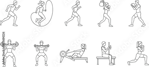 Fitness exercise line icons set featuring cardio strength training and gym workouts, healthy lifestyle concept vector isolated on white