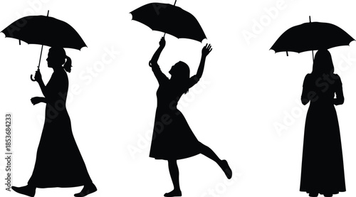 Female silhouettes holding umbrellas in different poses, rainy weather concept, walking and dancing women, elegance, fashion and lifestyle illustration