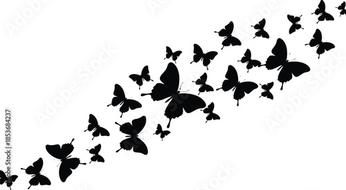 Flying butterfly silhouettes forming elegant diagonal motion in minimalist black vector illustration isolated on white background for decorative design