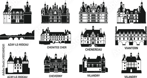 French Loire Valley castles silhouette collection featuring famous châteaux landmarks illustrated in detailed black vector style for travel and architecture themes