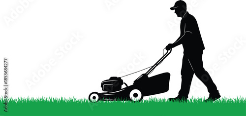 Gardener mowing green lawn silhouette illustration showing lawn care service, outdoor maintenance work, landscaping activity on white background