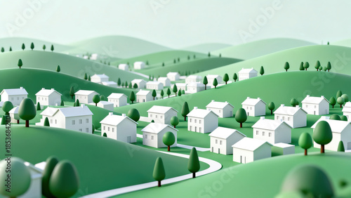 Light Green Low-Poly Village 3D Scene