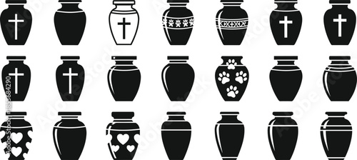 Funeral urn silhouettes collection including memorial cremation jars with religious symbols hearts and paw prints isolated on white background