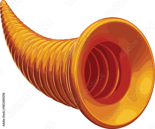 Golden Cornucopia Horn Illustration Symbolizing Abundance, Prosperity, Harvest Festival, Thanksgiving Tradition, and Seasonal Celebration Isolated on White Background
