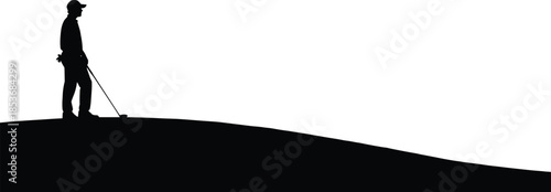 Golfer silhouette standing on hill preparing swing in minimalist black vector illustration isolated on white background for sports concept