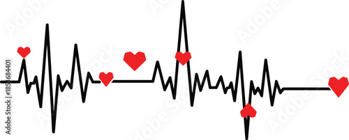 Heartbeat pulse line with red hearts illustration symbolizing love, life, health monitoring, romance, emotional connection, and cardiac rhythm concept