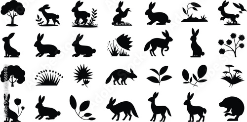 Black silhouette rabbits, various poses, plants and trees, animal icon set, wildlife vector illustration, decorative nature design, woodland creature art, spring and Easter theme