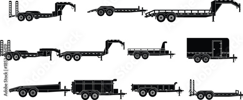 Heavy duty construction and utility trailers collection silhouettes including flatbed dump enclosed and gooseneck trailers isolated on white background
