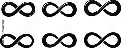Stylized infinity symbol icon set in black, bold vector illustration, graphic design element, minimal loop shape, symbolic representation for branding