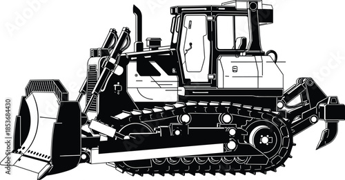 Heavy bulldozer construction vehicle illustration showing tracked earthmoving machinery industrial engineering equipment isolated on white background detailed vector style