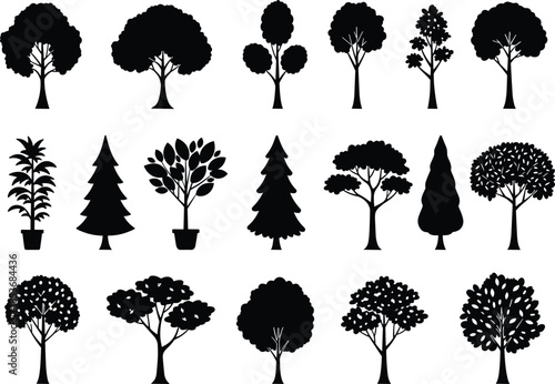 Black silhouette tree and potted plant icons, nature vector set, various tree shapes, foliage symbols, landscaping graphics, evergreen, deciduous, indoor plants, outdoor trees collection