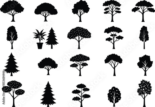 Black silhouette tree icons collection, various tree shapes vector set, nature symbols, forestry design elements, landscaping graphics, plant silhouettes, seasonal trees illustration