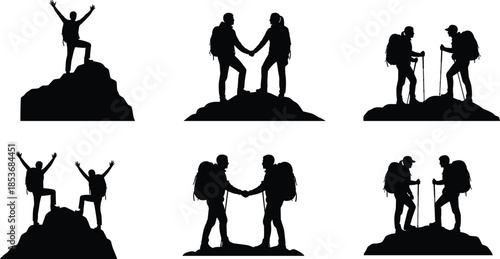 Hiking and mountaineering silhouette set showing climbers reaching mountain summits, teamwork, success, adventure travel, and outdoor exploration concepts