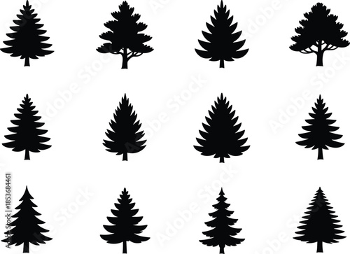 Black silhouette tree illustrations, coniferous and deciduous species, various shapes, botanical vector set for forest, park, garden, landscaping, and nature design projects