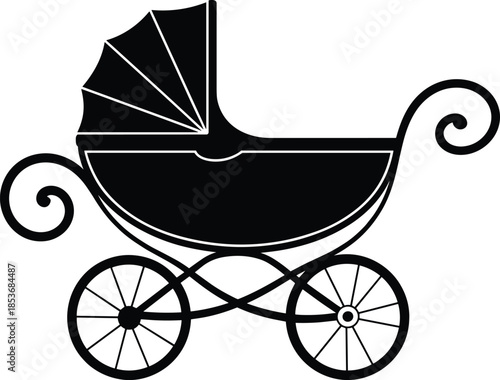 Black silhouette vintage baby stroller, ornate pram, antique carriage, classic childcare design, retro baby transport, parenting icon, vector illustration, elegant nursery decor