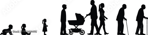 Human life stages silhouette illustration from baby to elderly walking with cane, aging process concept, family generation timeline design