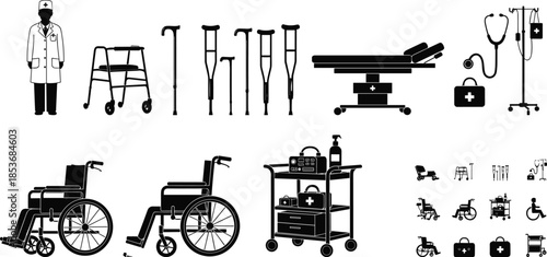 Medical and hospital equipment silhouettes set including wheelchairs crutches walkers stretchers surgical table IV stand and healthcare icons isolated