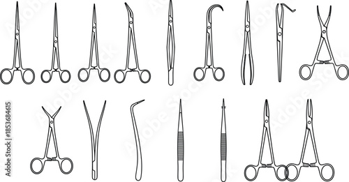 Medical surgical instruments silhouette set featuring forceps scissors clamps and tweezers isolated on white background for healthcare design