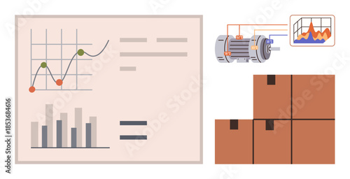 Statistical graph, chart, industrial machinery diagram, and stacked cardboard boxes suggest distribution, operations, and productivity. Ideal for supply chain, manufacturing, analytics or business