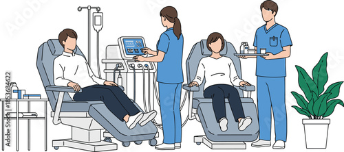 Medical staff assisting patients during blood donation procedure in modern clinic, healthcare teamwork and lifesaving treatment illustration