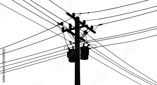 Black silhouette of electric utility pole, power transformer, transmission lines, high voltage wires, urban energy grid, vector illustration design, infrastructure