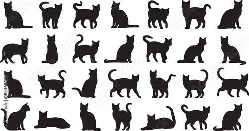 Twenty- Four Black Cat Silhouettes in Various Poses