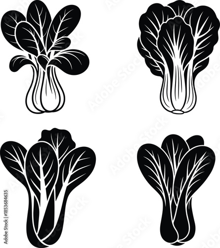 Bok choy illustration set, black and white vegetable drawings, Chinese cabbage vector for food design, culinary art, botanical study, and market graphics