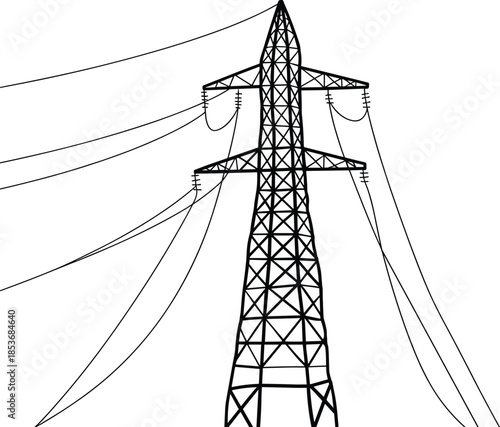 Black silhouette of high voltage power transmission tower with electrical wires, energy infrastructure, electric grid network, utility pole, electricity supply system