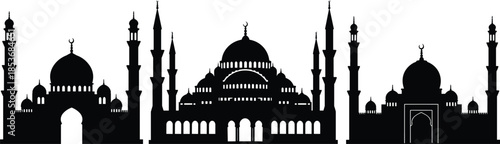Black silhouette of Islamic mosque architecture with domes and minarets, perfect for Ramadan, Eid Mubarak, Muslim religion, vector illustration, design
