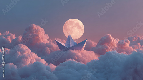 Paper Origami Boat Afloat on a Sea of Pink Clouds Under a Full Moon