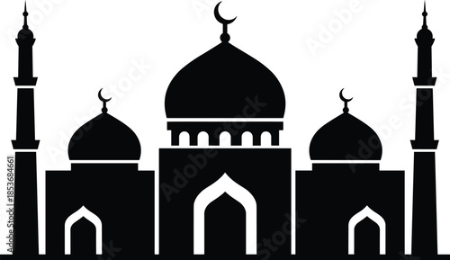 Black silhouette of Islamic mosque with crescent moon, three domes, four minarets, religious building, perfect for Ramadan, Eid design