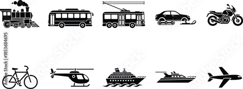 Transportation icon set in black silhouette, diverse vehicle types including land, air, and water modes, vector illustration for travel, UI design