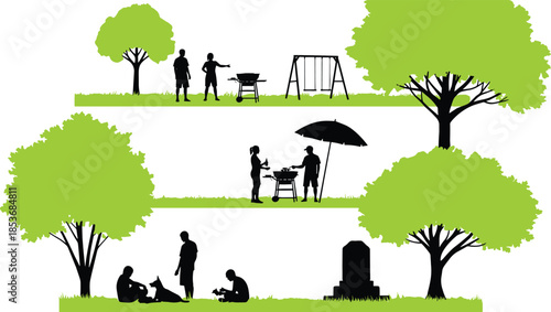 Park leisure silhouettes with people relaxing, family barbecue activities, trees and playground scenes, outdoor recreation lifestyle illustration isolated on white background