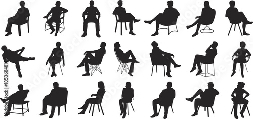 Black silhouette people sitting on chairs in various relaxed poses, isolated vector icons, casual posture, diverse seating styles, modern furniture, male and female figures.