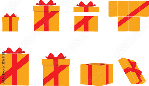 Bright yellow gift box illustrations with red ribbons, festive present icons, holiday packaging set, celebration elements, cartoon style vector design