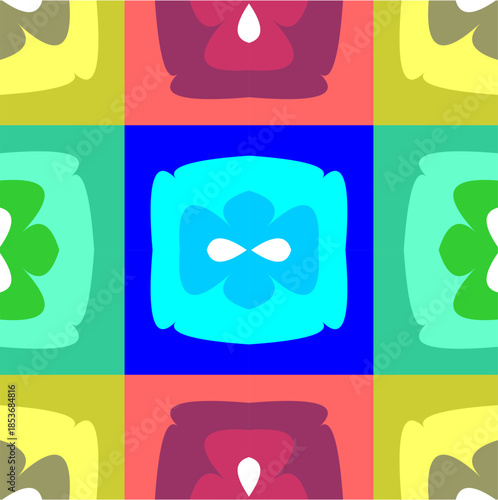 A playful mosaic of colors forms blooming shapes, echoing balance, unity, joy, and gentle symmetry, like windows opening into a cheerful dream.