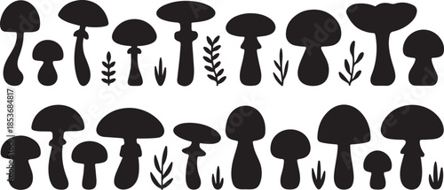 Two Rows of Black Mushroom and Leaf Silhouettes fungus