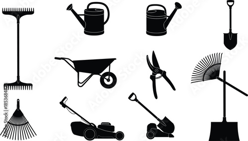 Black silhouette set of gardening tools including shovel, rake, watering can, wheelbarrow, shears, and lawn mower for landscaping work