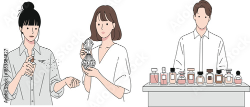 People choosing and testing perfume fragrances illustration with elegant bottles, beauty lifestyle and personal scent selection concept design