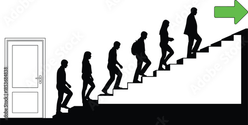 People silhouette climbing stairs toward success direction arrow symbolizing career growth progress motivation and future opportunity isolated on white background