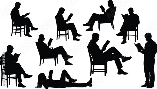 People Reading Books in Various Sitting and Standing Poses, Black Silhouette Collection Illustrating Education, Knowledge, Leisure, and Learning Concepts
