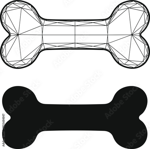 Wireframe and silhouette bone shape vector illustration, 3D modeling concept, black graphic design element, anatomical structure, digital art for animation