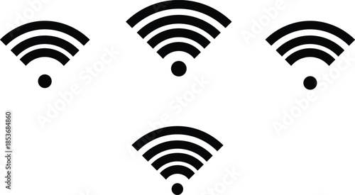 Wi-Fi signal strength icon set in black and white, minimal line style, wireless connectivity symbols for interface design, network status indicators